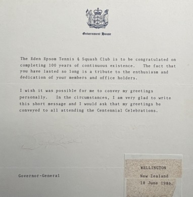 100 Year Congratulatory letter from Governal General, 1986