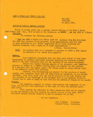 Notice of the SGM to approve land purchase from Mrs E G Oxley,1961